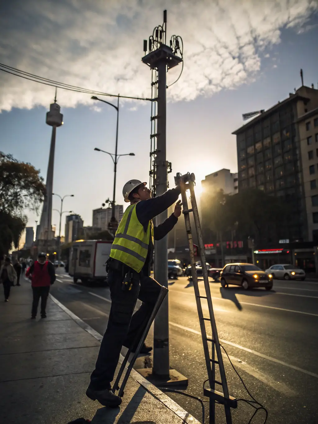A photo of a 5G cell tower being installed by technicians in a busy urban environment, showcasing the latest mobile network technology.