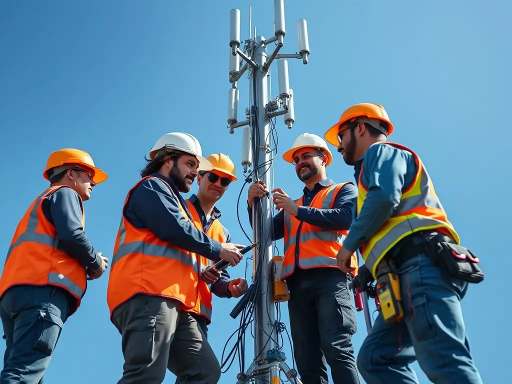 A group of telecom engineers wearing high-visibility vests and hard hats, working safely on a telecom tower, with safety harnesses and other protective gear clearly visible, emphasizing a commitment to workplace safety.