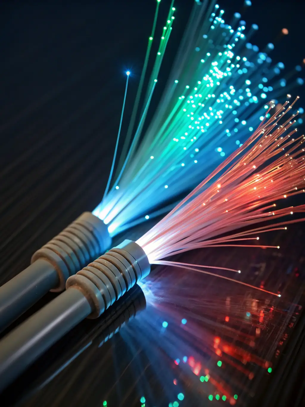 A close-up shot of a neatly arranged bundle of fiber optic cables, showcasing their vibrant colors and the precision of their construction, used in a modern telecommunications network by Oryx Communications & Networks.