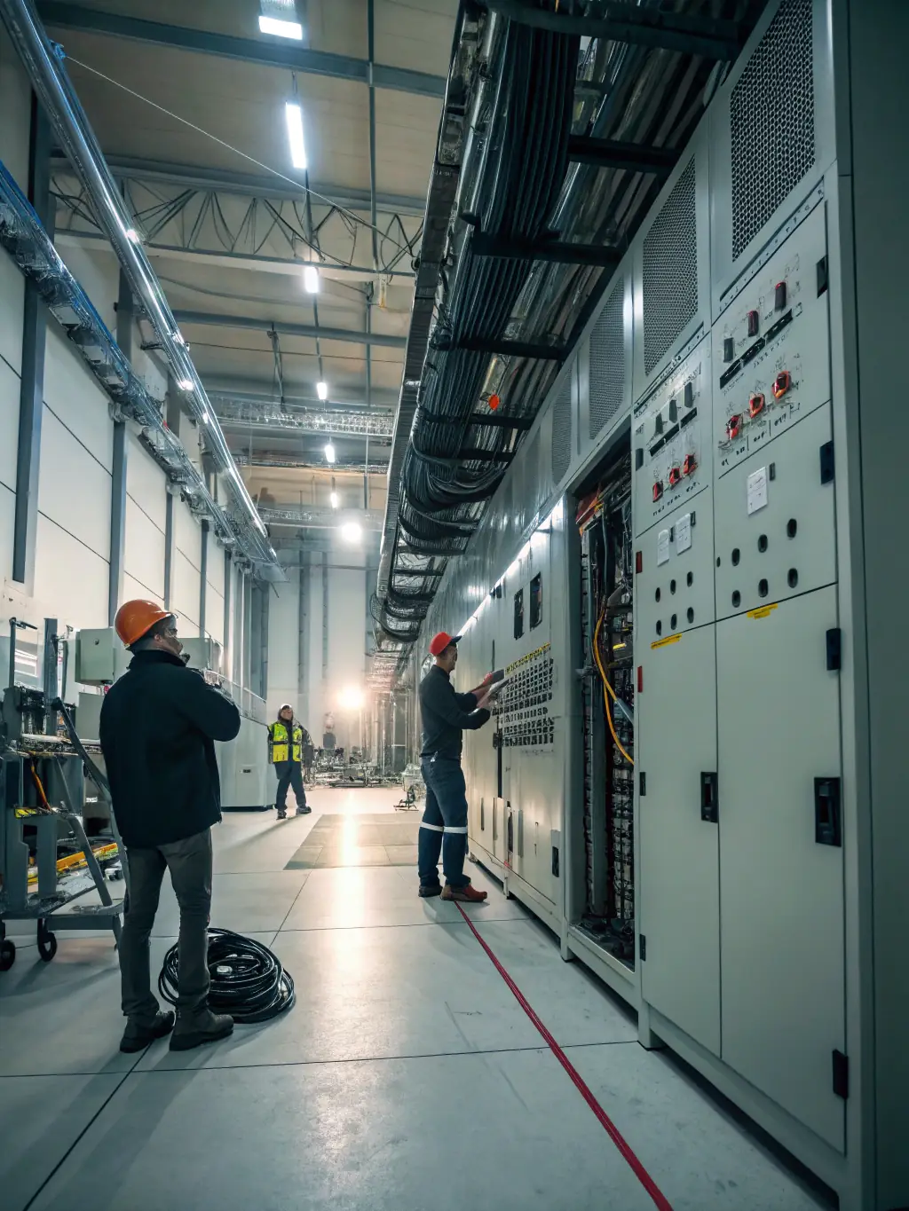 An image of a professional-grade cable pulling machine in action, demonstrating the efficiency and precision of cable installation in a telecom project managed by Oryx Communications & Networks.
