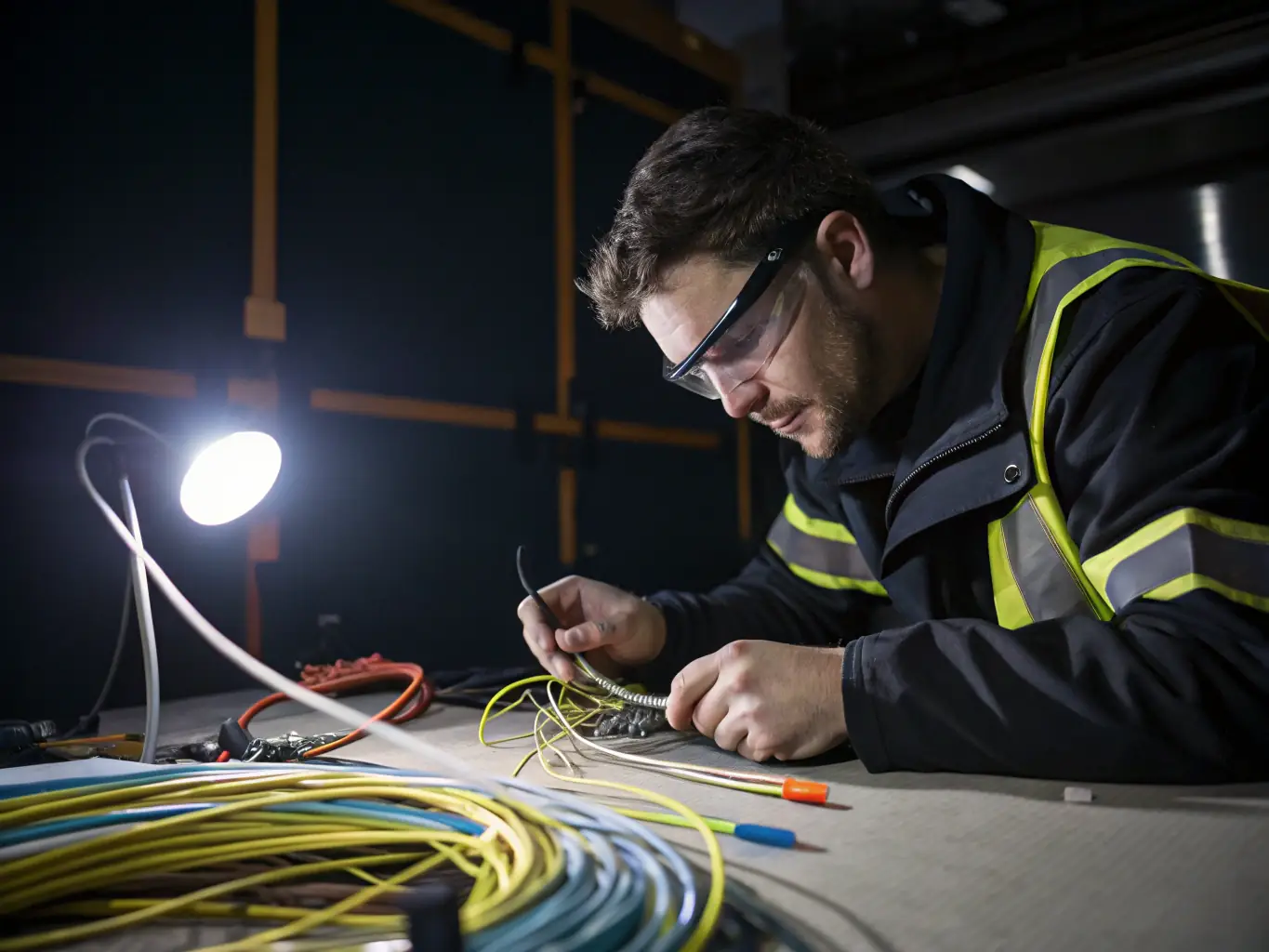 A close-up image of fiber optic cables being spliced by a technician, highlighting the precision and expertise involved in fiber optic services.