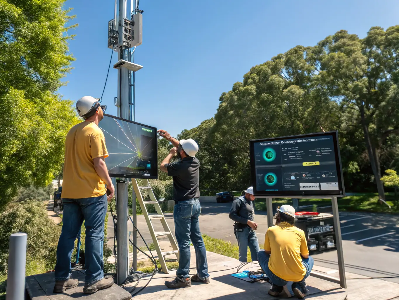 A team of Oryx Communications & Networks engineers installing a 5G antenna on a rooftop, showcasing the company's expertise in mobile network implementation.