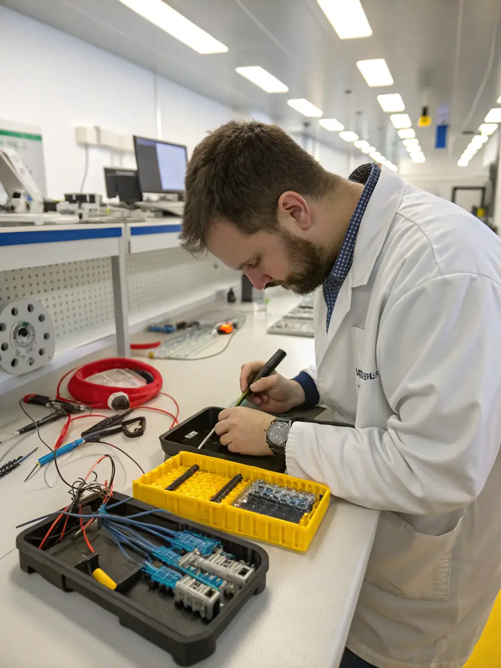 A photograph of a fully equipped splicing workstation, showcasing the tools and technology used in fiber optic splicing, reflecting the expertise of Oryx Communications & Networks in fiber optics.