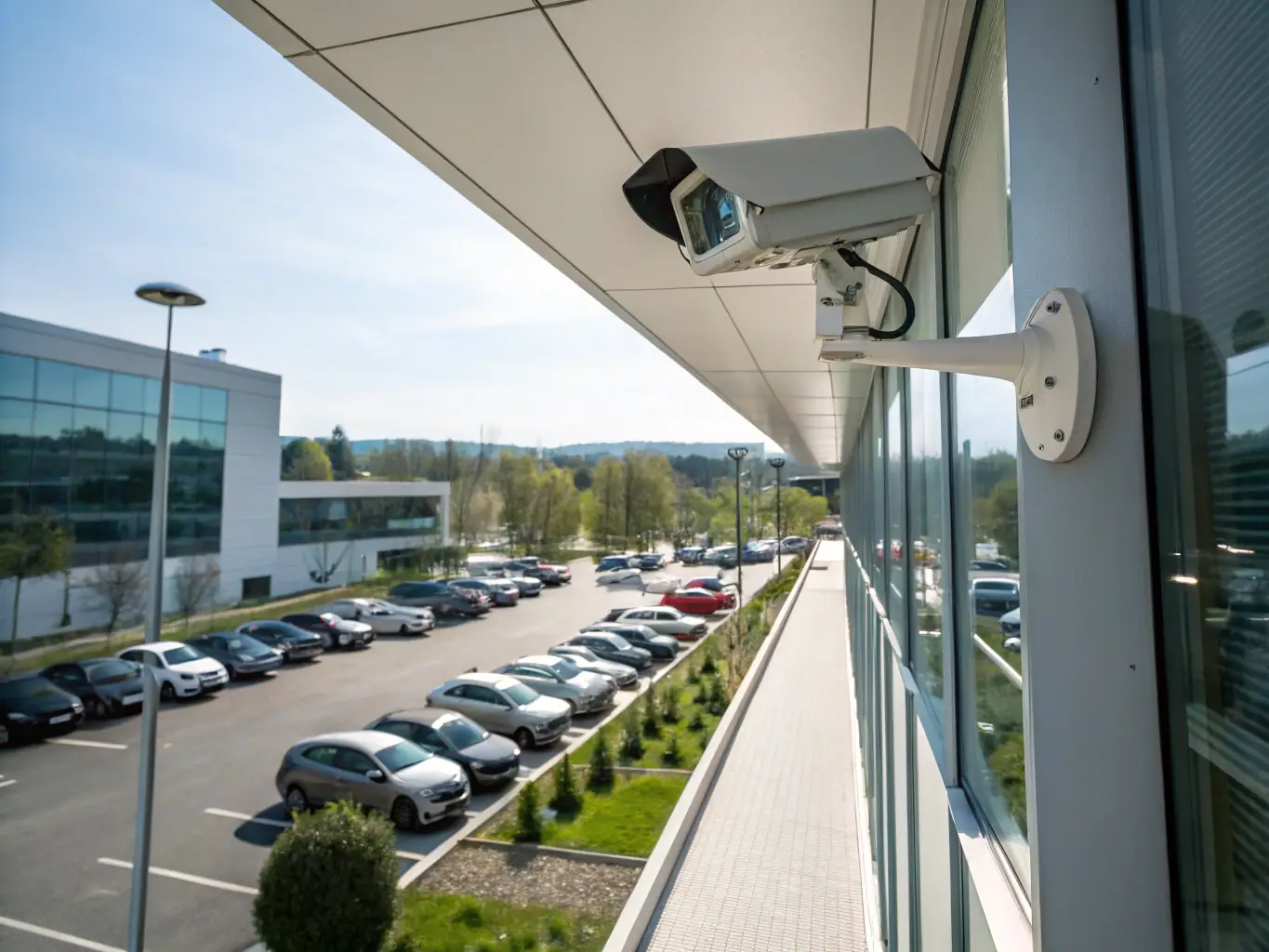 A security camera mounted on a building exterior overlooking a city street at dusk, emphasizing security and surveillance. The image is for the CCTV Systems service.