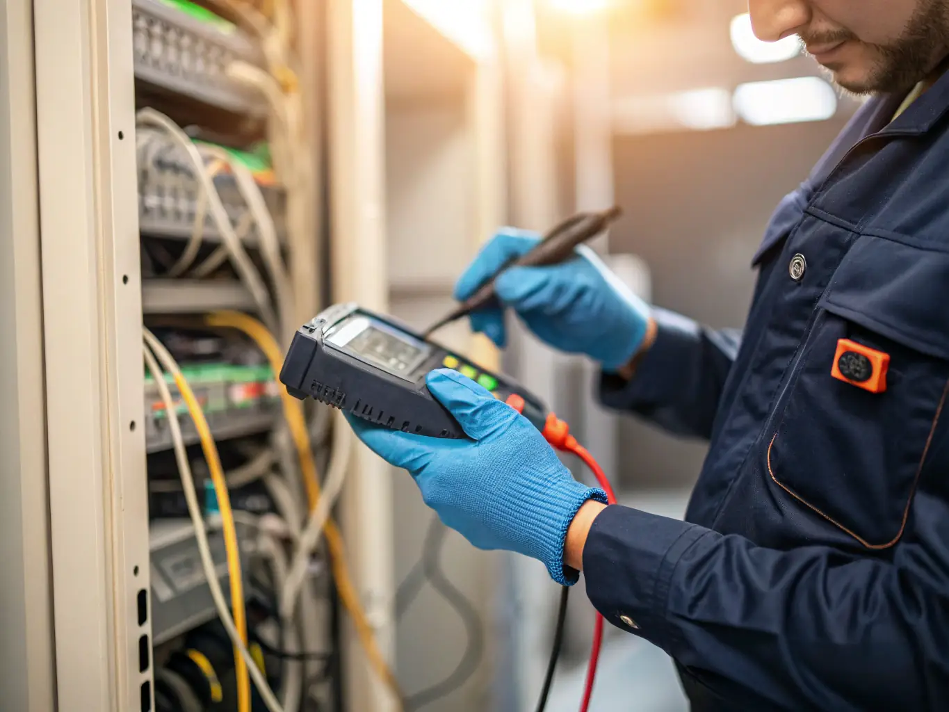 A photograph of a technician using a fiber optic cable tester to check the signal strength and integrity of a newly installed fiber optic cable, with a focus on the tester's display showing accurate readings.