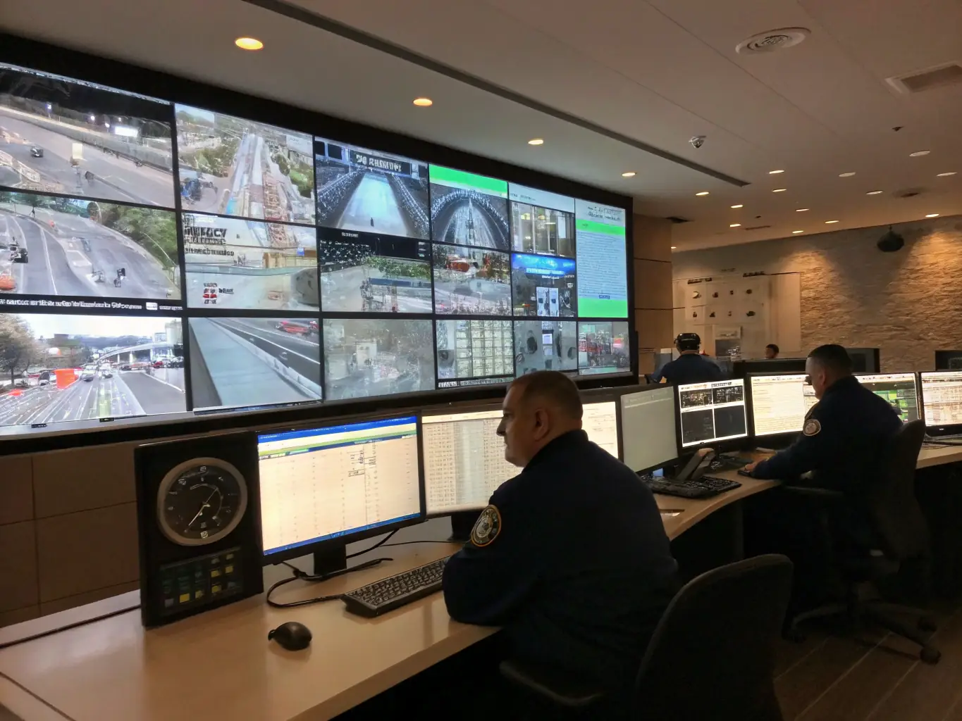 A high-resolution image of a CCTV control room with multiple screens displaying live feeds, representing Oryx Communications & Networks' CCTV system services.