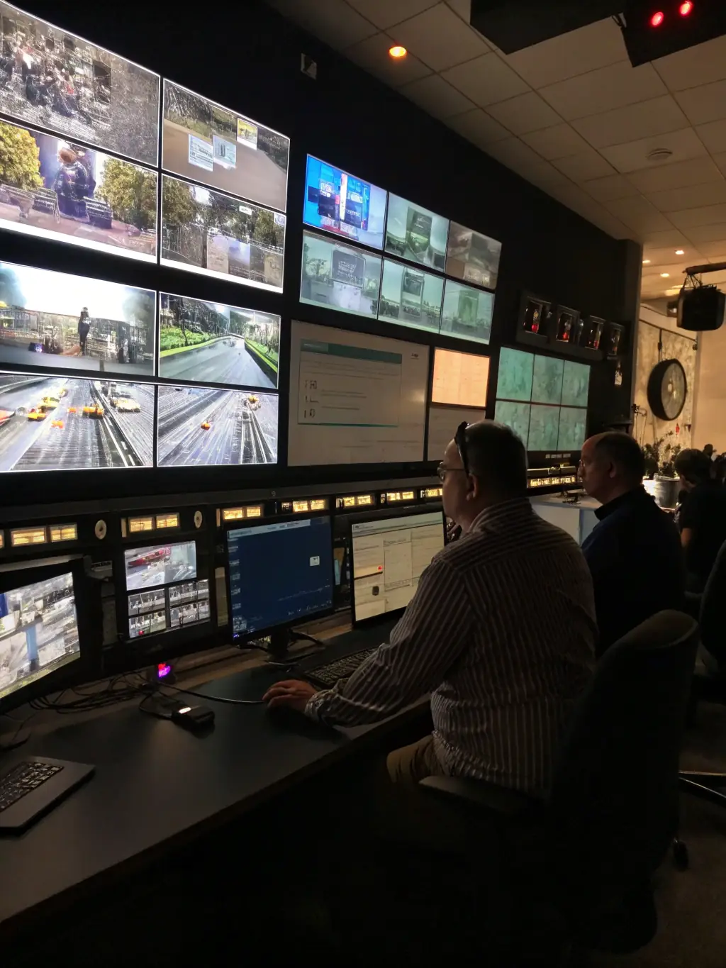 A picture of a high-tech CCTV control room with multiple screens displaying live camera feeds, emphasizing the security aspect of CCTV systems.