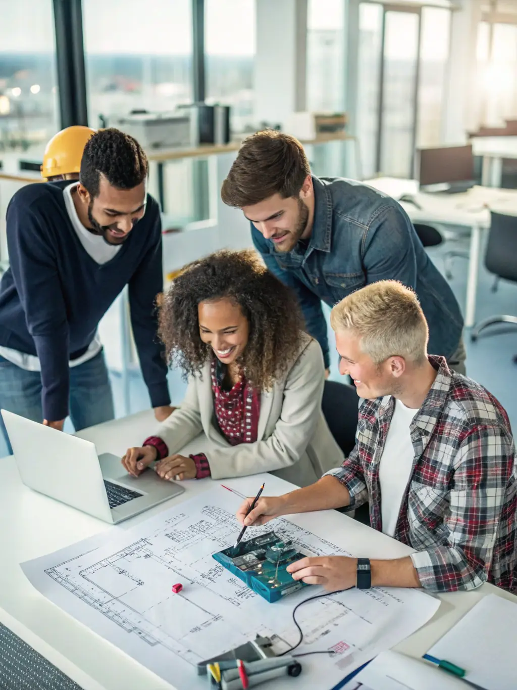 A diverse team of telecommunications engineers collaborating on a network design in a modern office setting, showcasing expertise and teamwork.