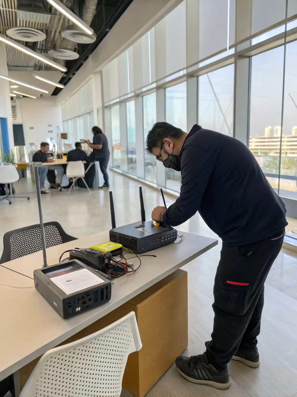 An image of technicians installing ICT access points in a modern office building, highlighting the importance of reliable network access.