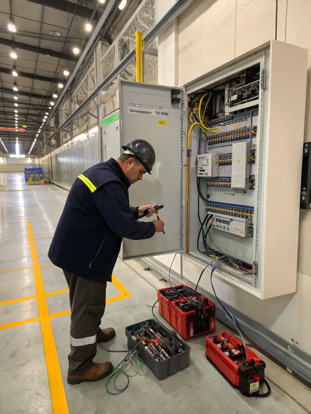 A photo of an electrician working on the power distribution system for telecommunications equipment, showcasing the importance of reliable power solutions.