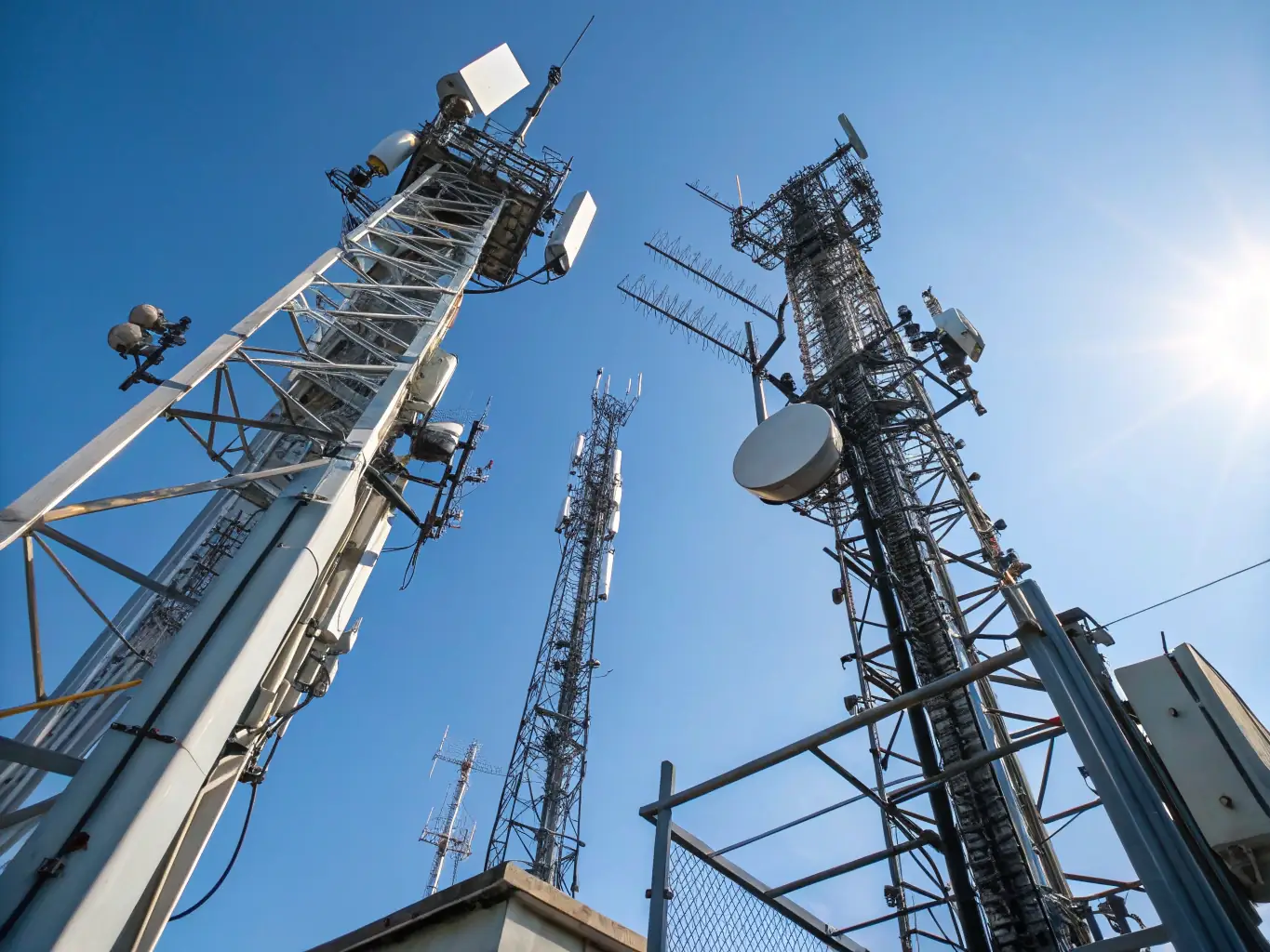 A high-angle shot of a 5G cell tower installation in an urban environment, showcasing the advanced technology and precision required for modern network infrastructure.