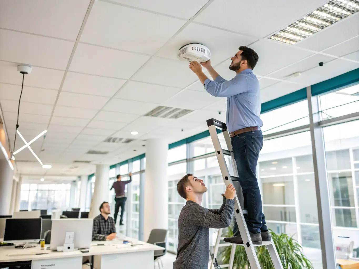 A technician installing an ICT access point in a modern office environment, highlighting Oryx Communications & Networks' capabilities in ICT infrastructure.