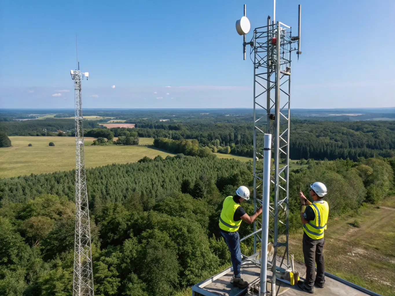 A technician installing a 5G antenna on a rooftop with a blurred city skyline in the background, emphasizing the modern technology and urban setting. The image is for the Mobile Network Implementation service.